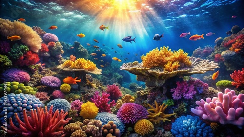 Vintage Underwater Scene: Vibrant Orange Coral Reef in Serene Ocean