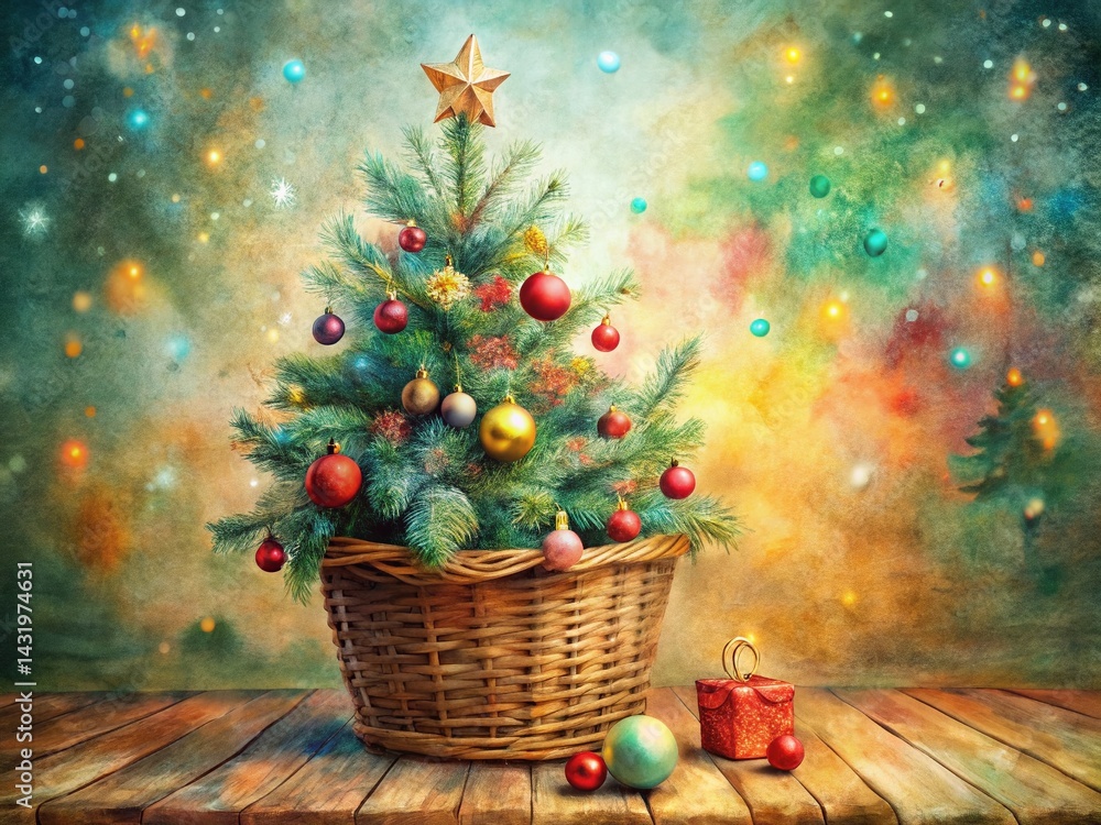 Vintage Watercolor Christmas Card: Christmas Tree in Wicker Basket