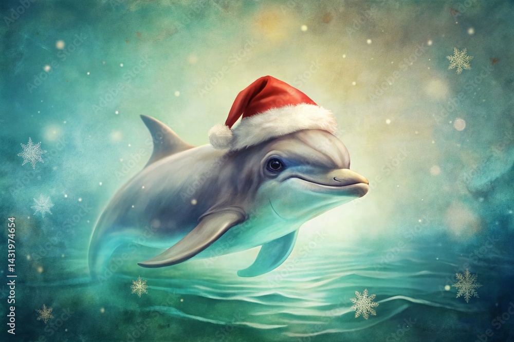 Vintage Watercolor Dolphin Santa Hat Holiday Cheer Stock Photo