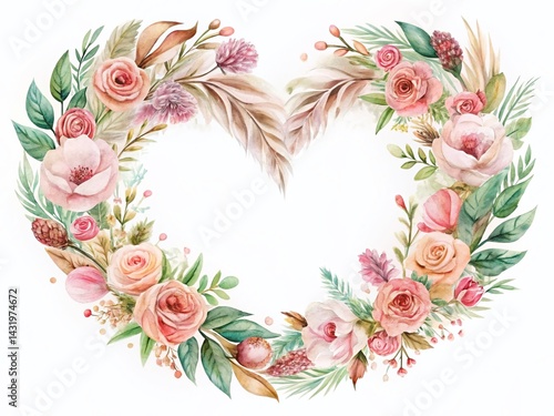 Obraz na płótnie Vintage Watercolor Heart Wreath: Pink Flowers & Feathers - Valentine's, Wedding w salonie