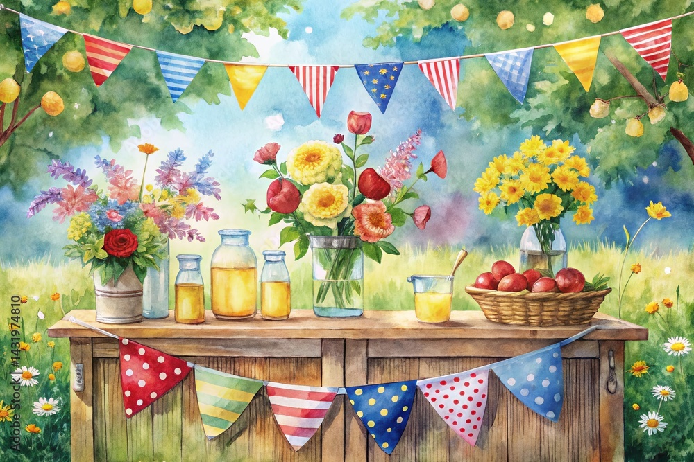 Vintage Watercolor Lemonade Stand, American Flag, Summer Festive