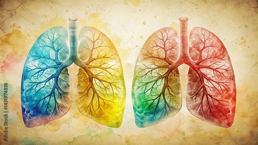 Vintage Watercolor Illustrations: Four Colorful Human Lungs