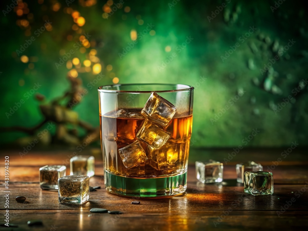 Vintage Whiskey and Ice on Green Background - Retro Still Life Photography