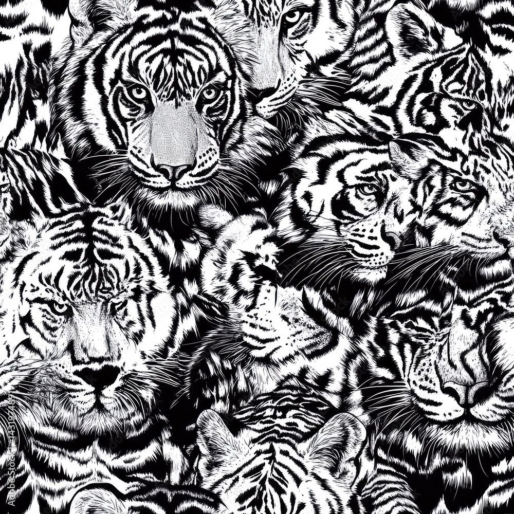 A Stunning Close-Up of a Cluster of Majestic Tigers in Monochrome, a Captivating Display of Wildlife Beauty A Stunning Close-Up of a Cluster of Majestic Tigers in Monochrome, a Captivating Display of Wildlife Beauty
