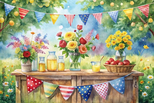 Obraz na płótnie Vintage Watercolor Lemonade Stand, American Flag, Summer Festive w salonie