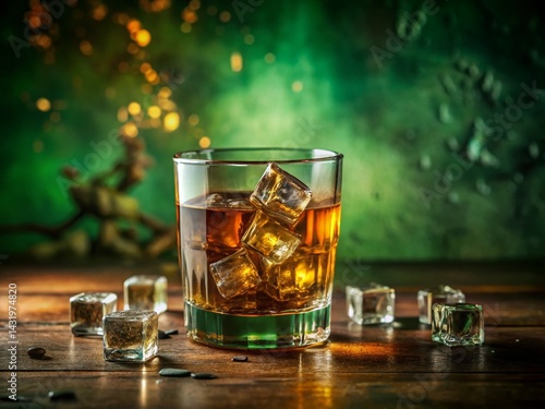 Obraz na płótnie Vintage Whiskey and Ice on Green Background - Retro Still Life Photography w salonie