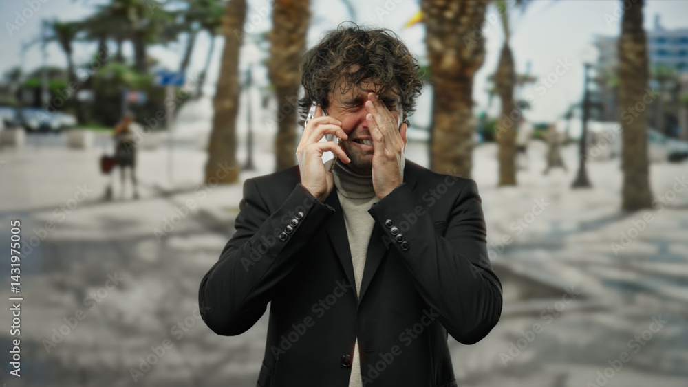 Young man outdoors in city, looking distressed, holding mobile phone to ear, wearing dark suit, background of palm trees and sunny street, capturing urban lifestyle moment vividly. Young man outdoors in city, looking distressed, holding mobile phone to ear, wearing dark suit, background of palm trees and sunny street, capturing urban lifestyle moment vividly.