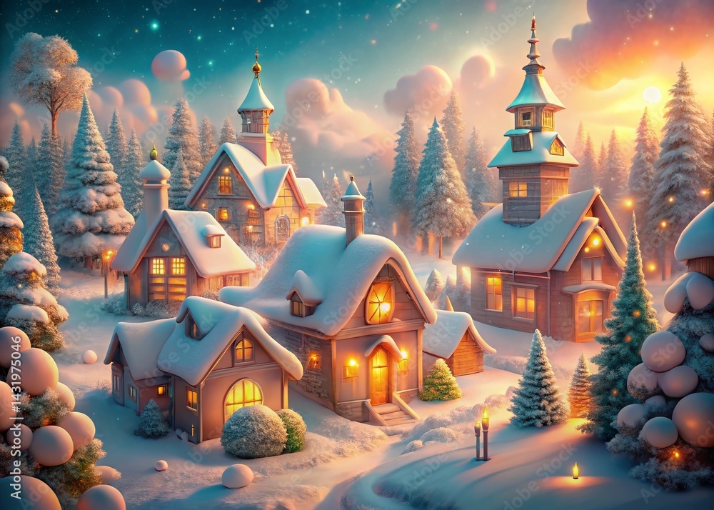 Vintage Winter Village Christmas Landscape, Snowy Holiday Scene, 3D Illustration