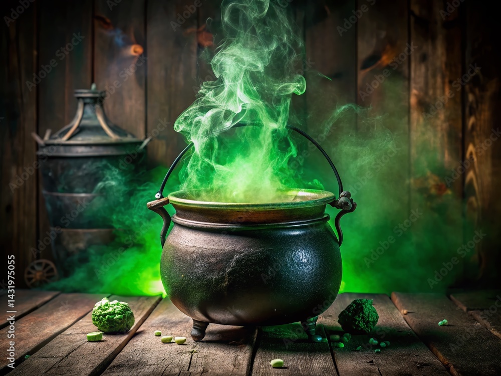 Vintage Witch's Cauldron: Bubbling Green Potion Stock Photo