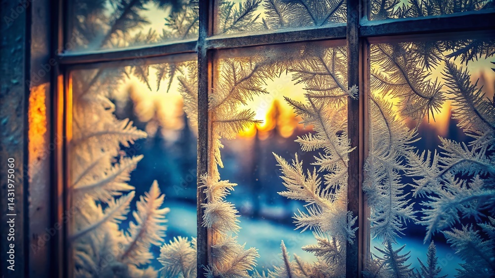 Vintage Winter Windowpane Frost Patterns - Cold Season Stock Photo