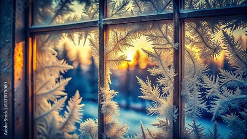 Obraz na płótnie Vintage Winter Windowpane Frost Patterns - Cold Season Stock Photo w salonie
