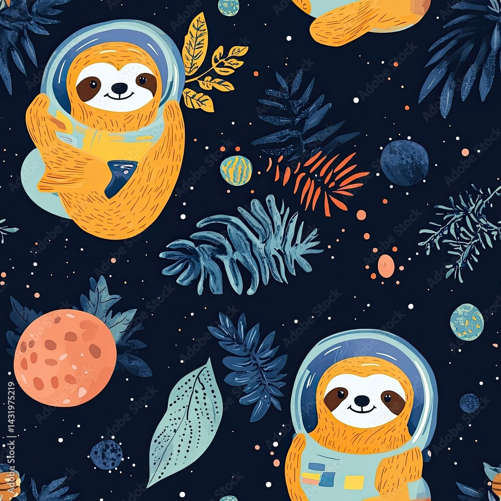 Fototapeta premium Adorable Sloths in Space: A Cosmic Adventure with Tropical Leaves and Planets