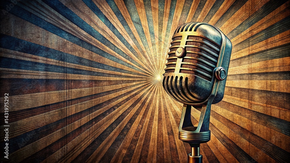 Vintage Woodcut Engraved Microphone, Retro Propaganda Style, Portrait Photography