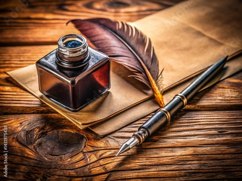 Obraz na płótnie Vintage Writing Tools & Blank Paper on Wooden Desk - Documentary Style Stock Photo w salonie
