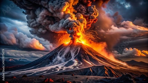 Obraz na płótnie Volcanic Eruption: Fiery Lava and Ash Explosion on Dark Background - Stock Photo w salonie