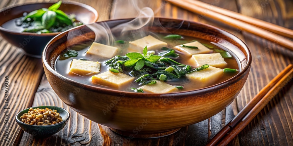 Warm Bowl of Miso Soup with Tofu and Seaweed - Japanese Cuisine Stock Photo