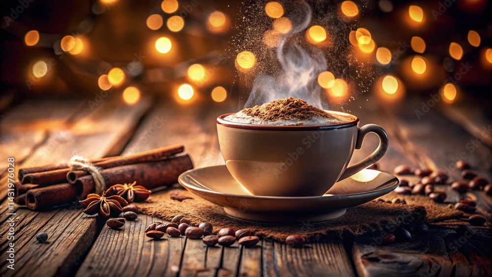 Warm Cappuccino with Cinnamon and Chocolate - Night Photography