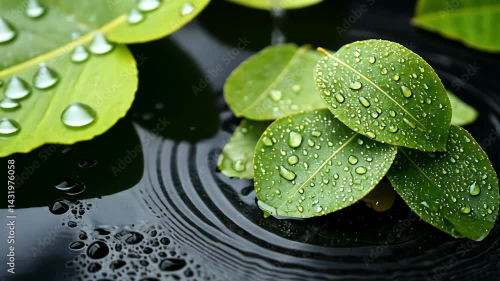 Green leaves with water drops on dark surface with ripples Green leaves with water drops on dark surface with ripples
