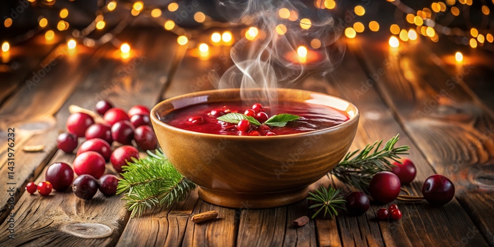 Warm Cranberry Soup Rustic Wooden Table Festive Lights - Autumnal Thanksgiving Food Photography