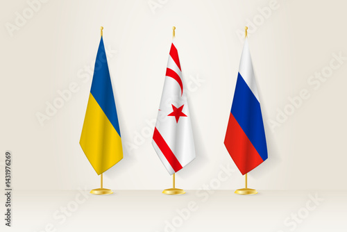 Diplomatic Meeting Representation, Ukraine, Northern Cyprus and Russia Flags. Flags on Diplomatic Stands.