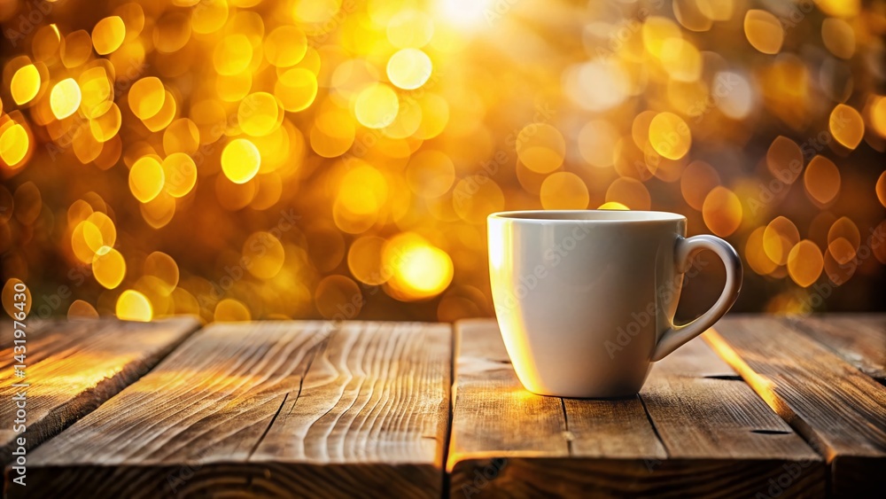 Warm Light, Cozy Coffee: White Mug on Wooden Desk - Stock Photo