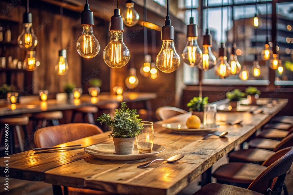 Warm Restaurant Lighting, Edison Bulbs, Hanging Lights, Cozy Atmosphere, Food Photography Background