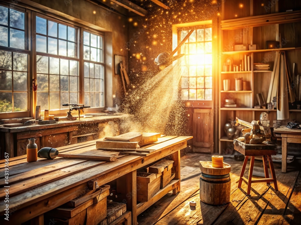 Warm Sunlight in Carpenter's Workshop - Bokeh Effect Stock Photo