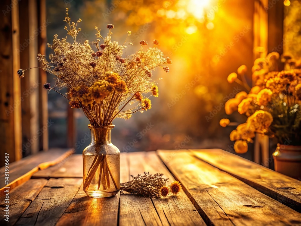 Warm Sunlight on Dried Flowers in Vase, Wooden Table, Panoramic Photography