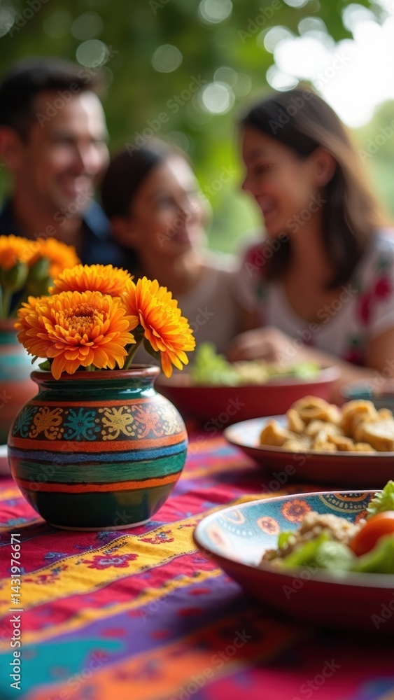Close-up of a festive table with a colorful tablecloth, traditional pottery, and marigold centerpiece, as friends celebrate together.