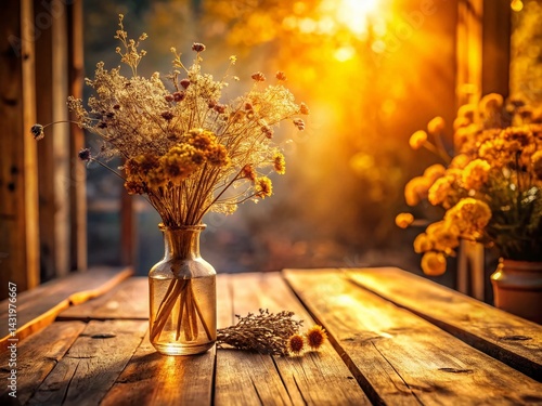 Obraz na płótnie Warm Sunlight on Dried Flowers in Vase, Wooden Table, Panoramic Photography w salonie