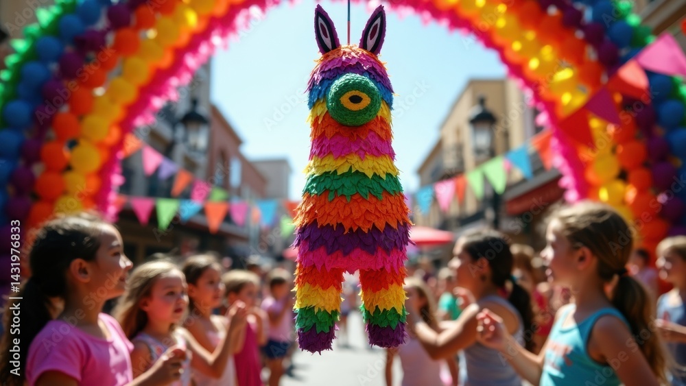 A vibrant Pinata dangles under a decorative arch, as children joyfully circle around, anticipating the fun of breaking it open during a celebration.