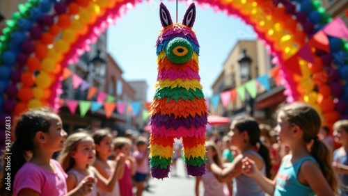 Obraz na płótnie A vibrant Pinata dangles under a decorative arch, as children joyfully circle around, anticipating the fun of breaking it open during a celebration. w salonie