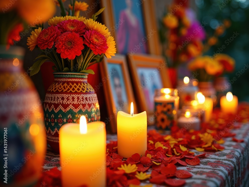 A traditional Mexican altar adorned with colorful marigold flowers and glowing candles creates a warm atmosphere.