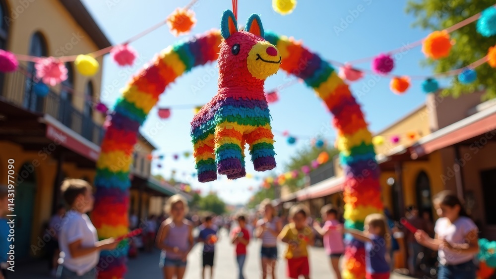 A vibrant Pinata dangles from a festive arch adorned with papel picado, while enthusiastic children gather around, eagerly preparing for the celebration.