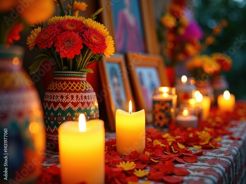 Obraz na płótnie A traditional Mexican altar adorned with colorful marigold flowers and glowing candles creates a warm atmosphere. w salonie