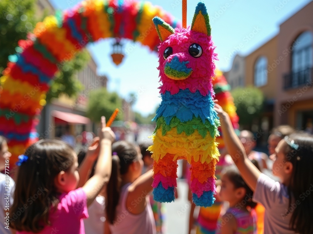 A vibrant Pinata hangs beneath a colorful paper banner as children eagerly reach out, celebrating at a festive outdoor event on a sunny day.
