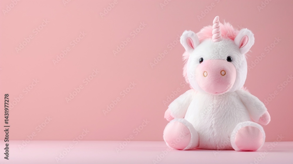 Obraz premium Cute unicorn plush toy with pink mane and white fur sitting on pastel pink background, fantasy stuffed animal for nursery, magical baby room decor or children’s birthday gift