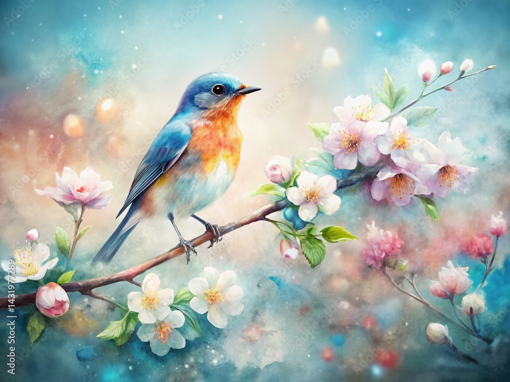 Watercolor Bird Double Exposure: Blooming Branch & Avian Elegance
