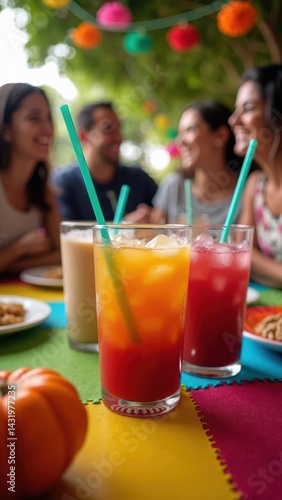 A vibrant table showcases traditional Mexican drinks like horchata and agua fresca, surrounded by cheerful friends enjoying the festive atmosphere together.