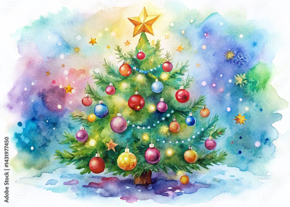 Watercolor Christmas Tree with Ornaments and Star, Festive Holiday Illustration
