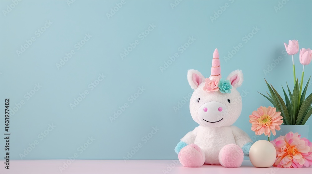 Obraz premium Unicorn plush toy with horn and pastel decorations placed beside flowers and greenery, soft blue background for children’s room, fantasy-themed nursery decor concept