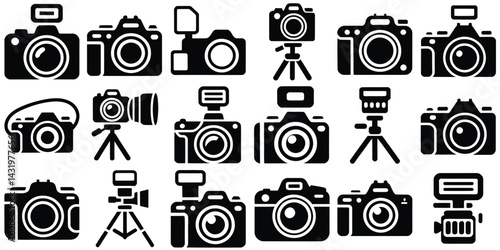 Set of Black Camera Icons with Flash and Tripod Variations