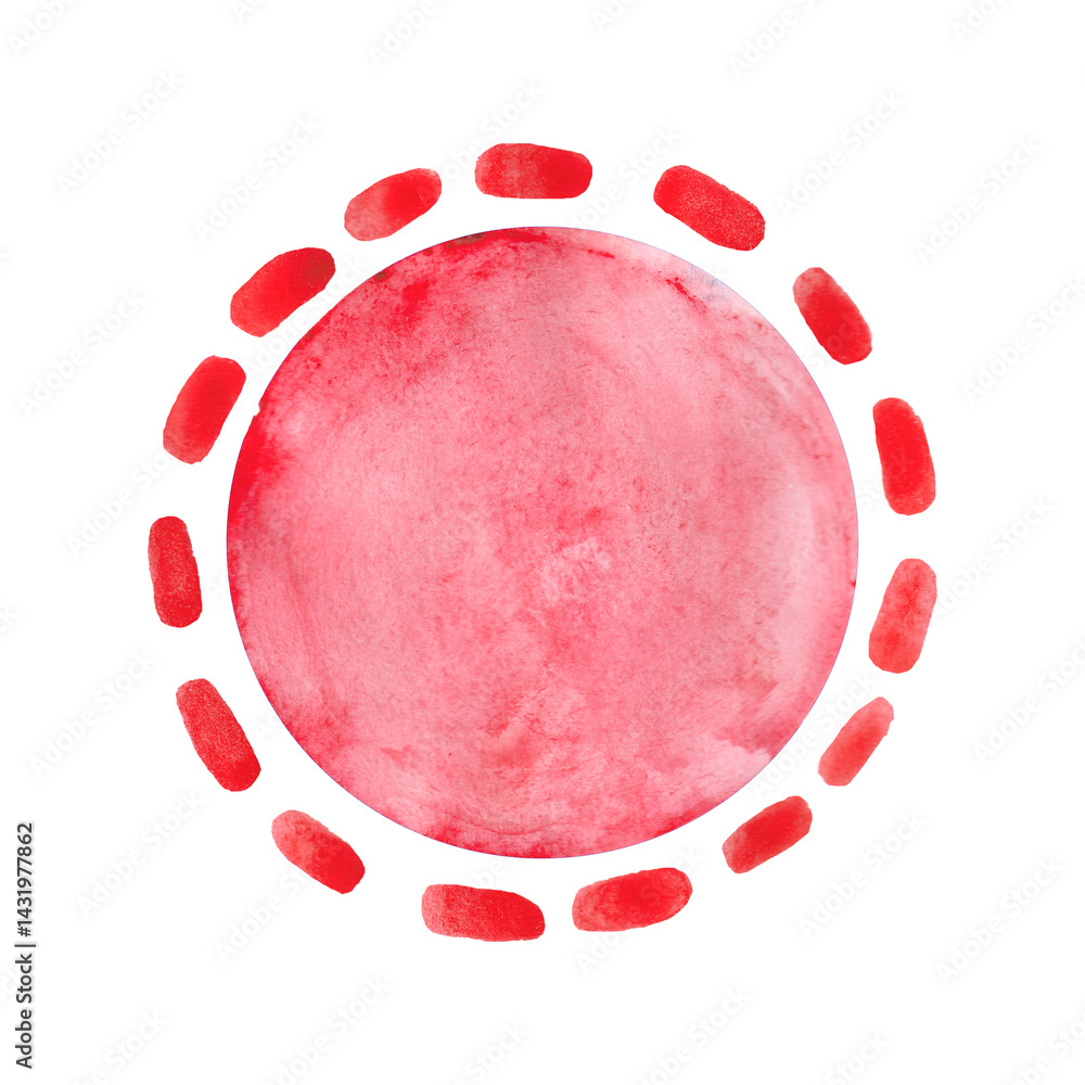 Pink watercolor sun. Watercolor round design element.