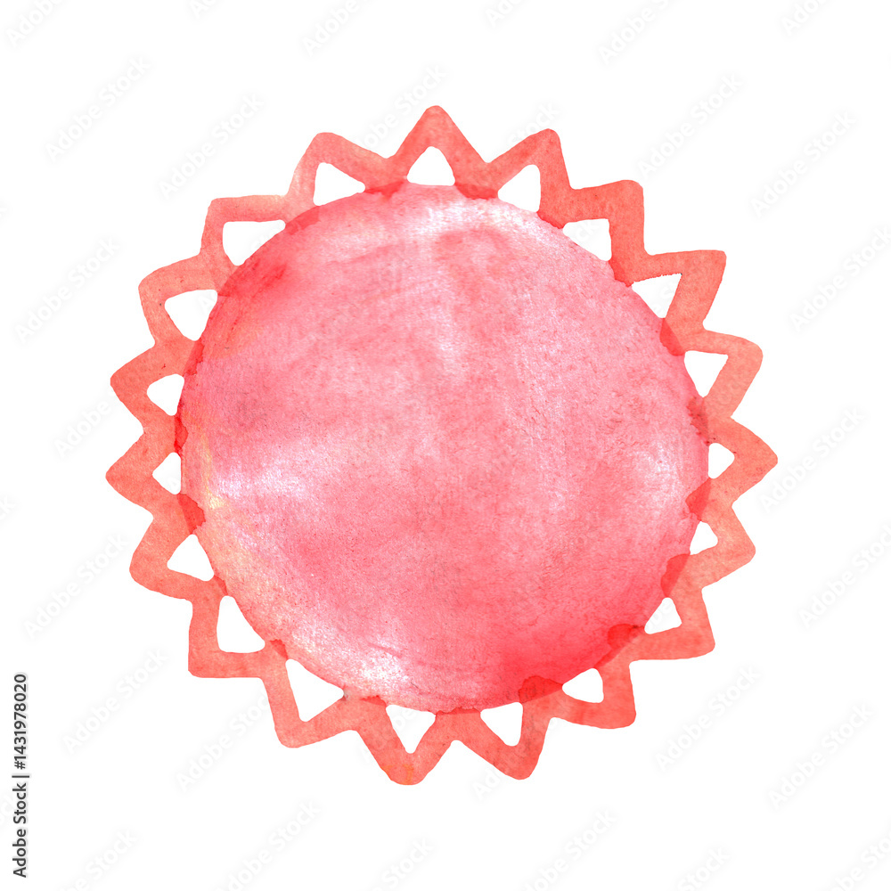 Pink watercolor sun. Watercolor round design element.