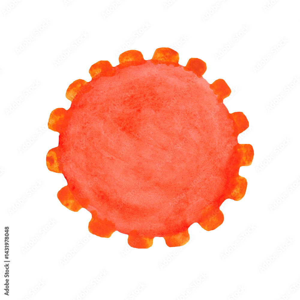 Orange watercolor sun. Summer decor element.
