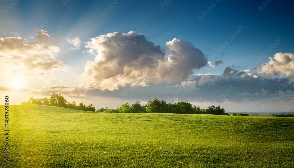 Obraz premium soft fluffy clouds serene green landscape warm sunlight filtering