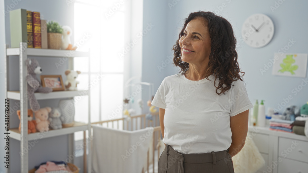 Woman smiling in a cozy bedroom with a baby cradle and toys on shelves, capturing a warm and inviting atmosphere. Woman smiling in a cozy bedroom with a baby cradle and toys on shelves, capturing a warm and inviting atmosphere.