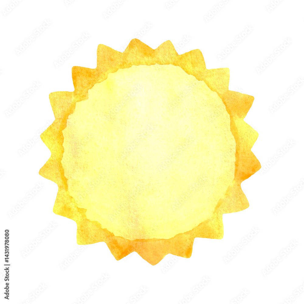 Yellow watercolor sun. Summer decor element.