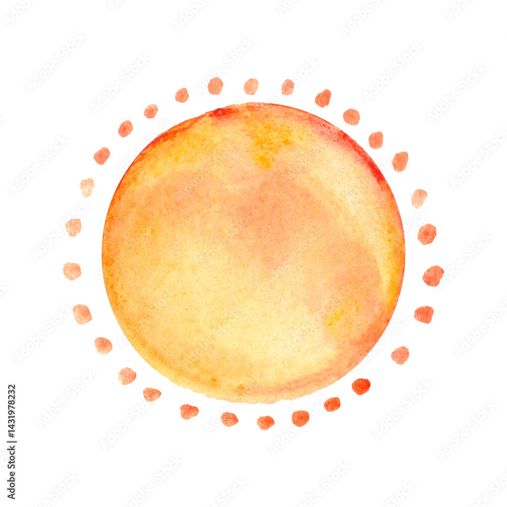 Orange watercolor sun. Summer decor element.