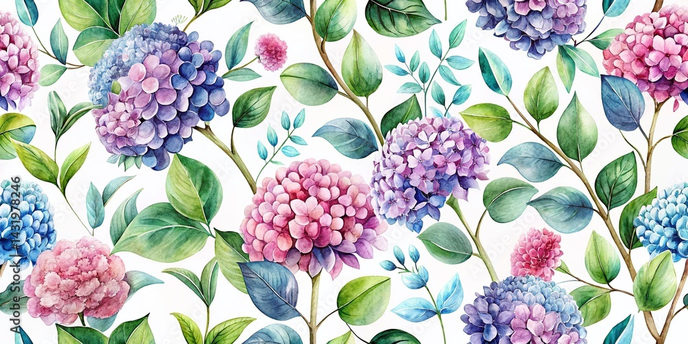 Watercolor Hydrangea Eucalyptus Floral Pattern Stock Photo - Botanical Design Texture